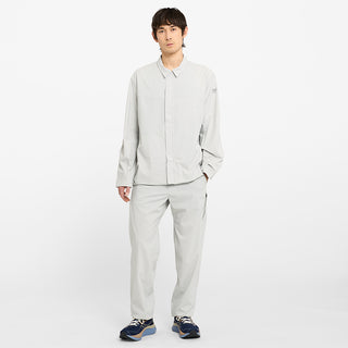 front view of ciele athletics CCJacket unisex running jacket from the Lifestyle Edition collection, in light grey color, when worn with the CCShort in light grey