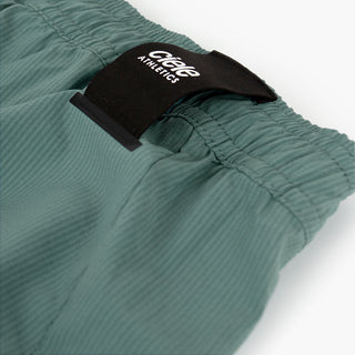 detail view of the back loop of the ciele athletics WRKShort unisex running and technical short from the Lifestyle Edition collection, in silver pine color