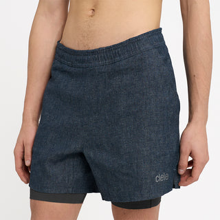 close front view of ciele athletics WRKShort unisex running and technical short from the Lifestyle Edition collection, in denim indigo color, on a model
