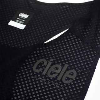 close up of the printed logo detail of the ciele athletics lightweight, race ready and performance driven singlet named RDSinglet in shadowsphinx color