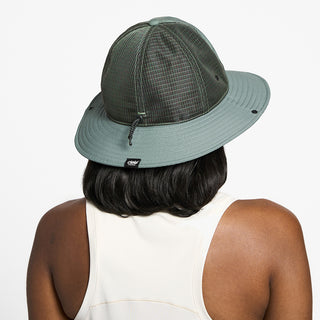 back view of the ciele athletics TRLBucket unisex running bucket hat in silver pine color, on a model