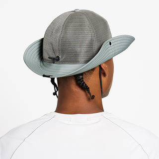 back view of the ciele athletics TRLBucket unisex running bucket hat in neutral grey color, on a model