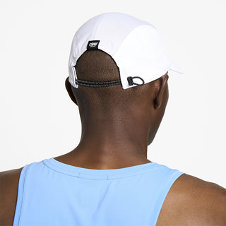 back view of ciele athletics FSTCap SC Classic C Side unisex running hat in whitaker color on a model