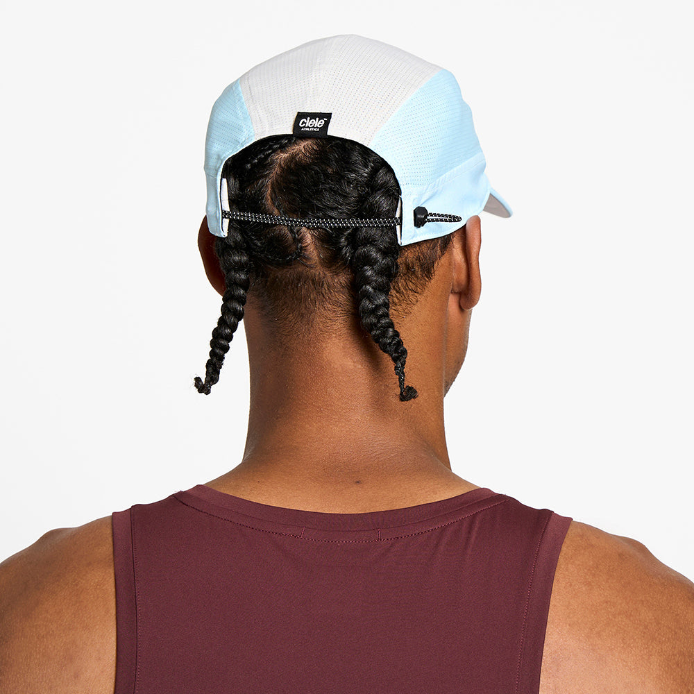 back view of the ciele athletics FTSCap unisex running hat with a curved brim in white color, on a model
