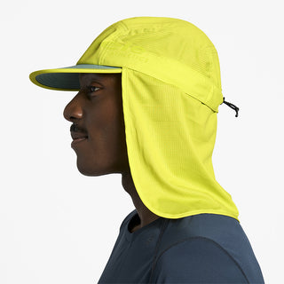 side view of ciele athletics GOCap PYN Comp one hundred unisex running bucket hat in lucifer yellow color on a model