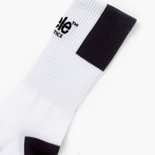 elastic of white sock with black patch on a white background