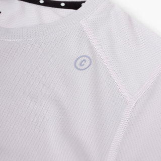 close view of c logo on the ciele athletics FSTTShirt lightweight and performance driven T-Shirt in misty lilac