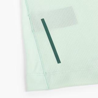 close view of the back reflective detail on the ciele athletics DLYTSinglet lightweight and performance driven singlet in dusty turquoise